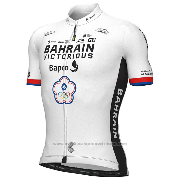 2022 Abbigliamento Ciclismo Bahrain Victorious Bianco Manica Corta e Salopette